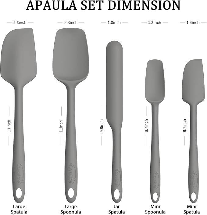 Coukre Silicone Spatula Set of 5,High Heat Resistant, Food Grade Silicone, Upgraded Extended Reinforced Handle,Dishwasher Safe, for Baking, Cooking (Pure Gray, Solid color)