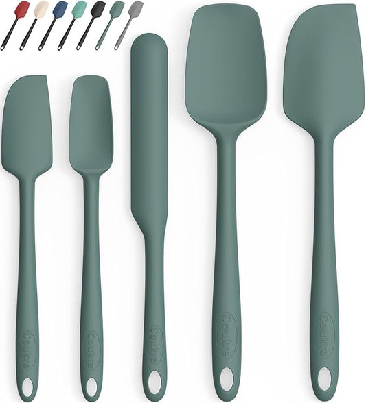 Coukre Silicone Spatula Set of 5,High Heat Resistant, Food Grade Silicone, Upgraded Extended Reinforced Handle,Dishwasher Safe, for Baking, Cooking (Pure Dark Green, Solid color)