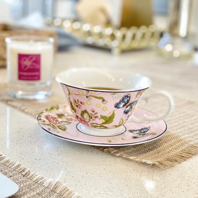 Aynsley Cottage Garden Windsor Fine Bone China English Tea Cup and Saucer Set, 7.4 oz(Pink)