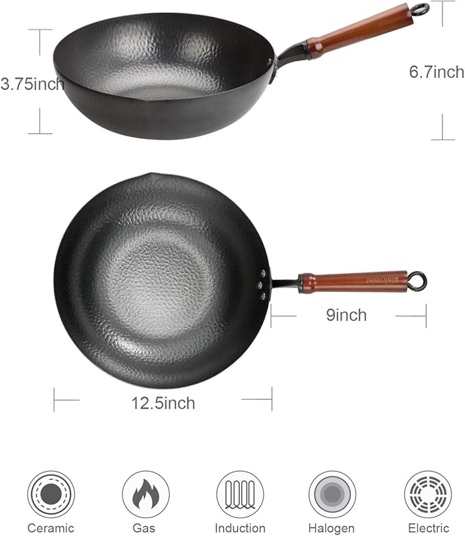 BIELMEIER Wok Pan 12.5", Woks and Stir Fry Pans with lid, Carbon Steel Wok with Cookware Accessories, Flat Bottom Suits for all Stoves