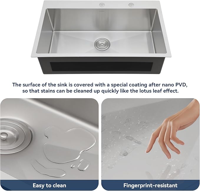 Lordear 33 Inch Drop in Kitchen Sink 33 x 19 Topmount Sink 16 Gauge Stainless Steel Single Bowl Deep Sink with Drain Strainer