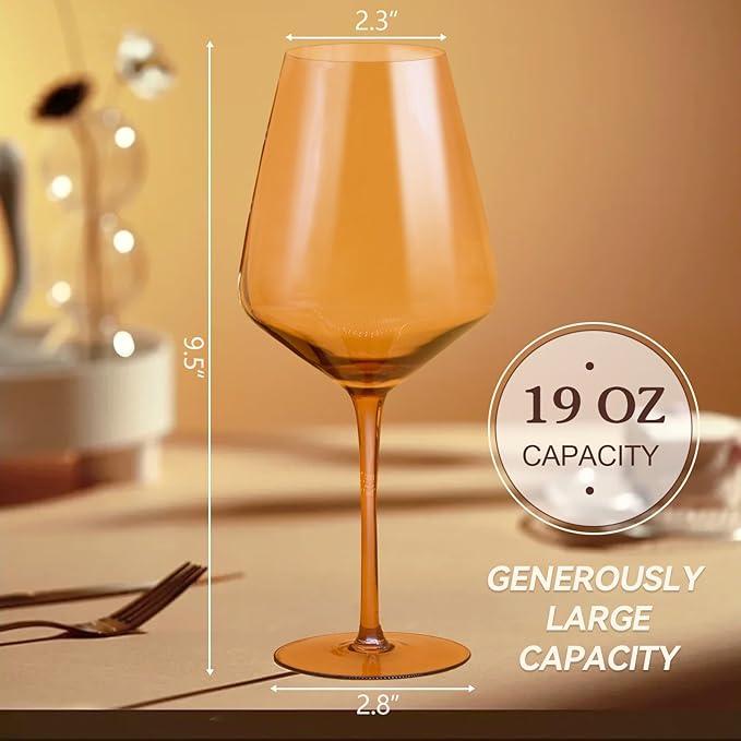 Colored Wine Glasses Set of 6, 19.5oz Stemmed Amber Wine Glasses, Brown Colorful Large Glasses with Long Stem, Hand-Blown, Ideal Gift For Daily Use, Special Occasions, Wedding, Anniversary