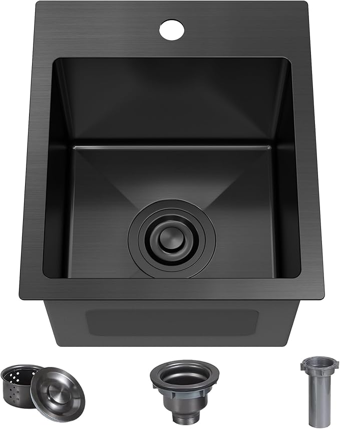 13 x 15 x 9 Inch Black Stainless Steel Bar Sink, Drop-in Topmount Deep Single Bowl Utility Prep Sink for RV, Wet Bar, Tiny Home, Laundry & Small Kitchen, 18 Gauge T304 with Basket Strainer