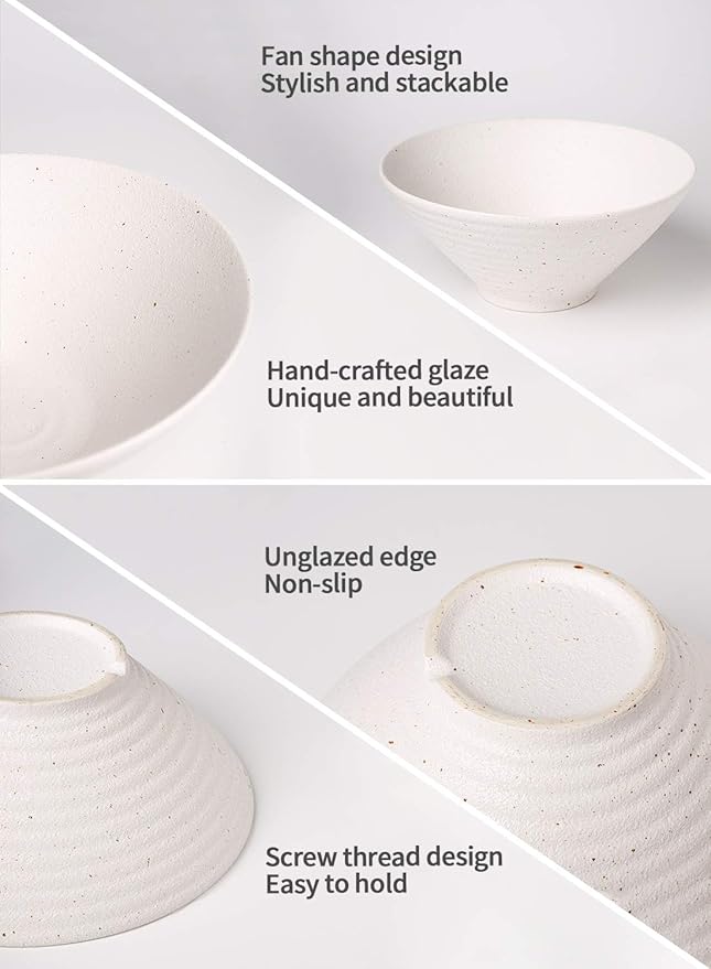 Kanwone Ceramic Japanese Ramen Bowl Set, Noodle Soup Bowls - 60 Ounce, with Matching Spoons and Chopsticks for Udon Soba Pho Asian Noodles, Set of 2, White