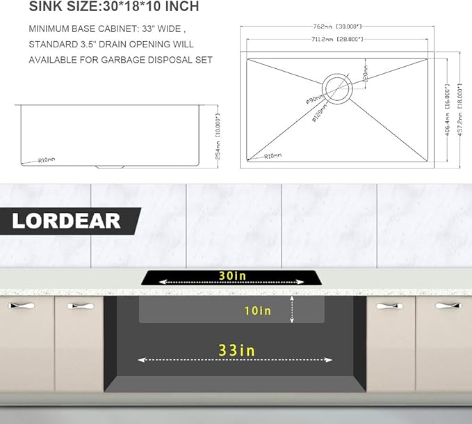 30 Kitchen Sink Undermount - Lordear 30 x 18 inch Undermount Sink 16 Gauge Stainless Steel Deep Single Bowl Under Counter Rectangular Handmade Sinks Basin