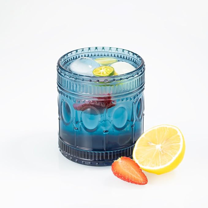 6-pack Vintage Drinking Glasses, Indian style,14 oz Large Modern Glass Tumbler, Embossed Patten Double Old Fashion Glass, Ripple Glassware (Cornflower Blue)