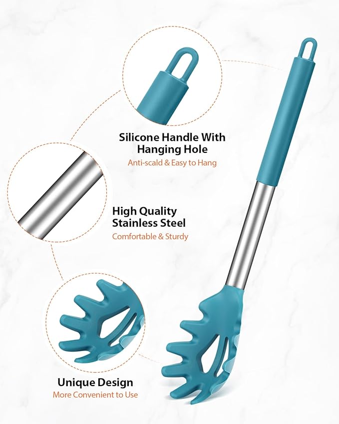 Silicone Spaghetti Spoon & Pasta Tong With Pasta Measurer, 3 Pack of Non-Stick Stainless Steel Handle Pasta Fork Set with Teeth, Food Clip for Easy Serving of Noodles (BLUE)