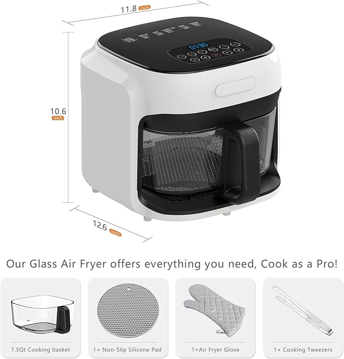 7.4QT Air Fryer with Glass Bowl, Visible Window Lid, Digital Control, 360° Rapid Air Circulation, for Healthy Oil-Free Cooking & Baking, Dishwasher Safe, Nonstick, Easy Clean (White)