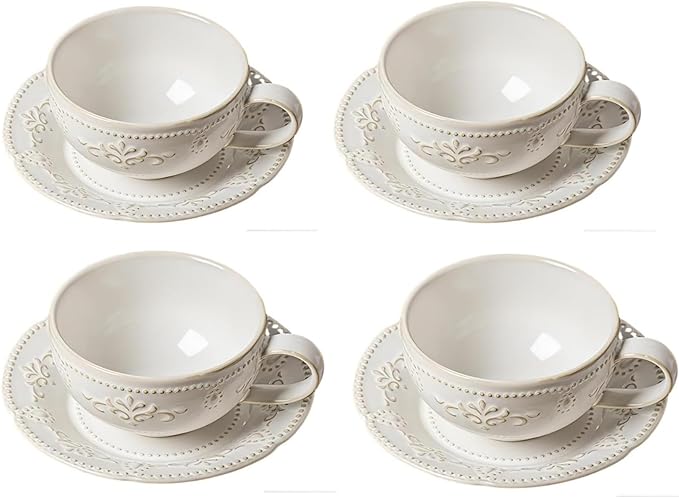 6 oz Cappuccino Cups with Saucers, Suit For House-warming, Ceramic Embossment Coffee Cup for Au Lait, Double shot, Latte, Cafe Mocha, Tea - Set of 4, Arctic white