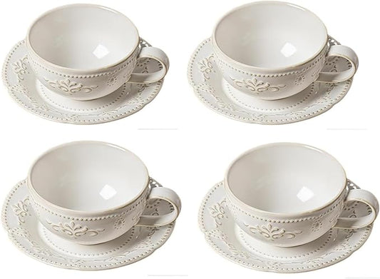6 oz Cappuccino Cups with Saucers, Suit For House-warming, Ceramic Embossment Coffee Cup for Au Lait, Double shot, Latte, Cafe Mocha, Tea - Set of 4, Arctic white