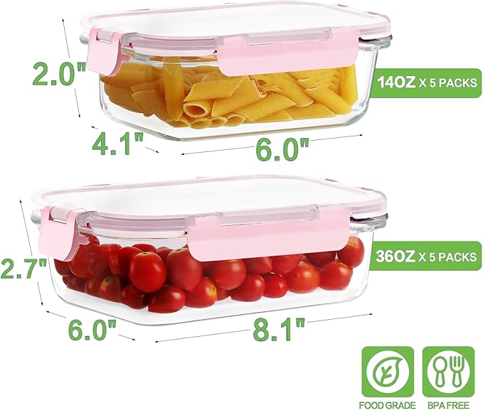 10 Pack Borosilicate Glass Meal Prep Containers with Locking Lids, Glass Food Storage Containers Set, Airtight Lunch Bento Boxes, BPA-Free & Leak Proof, 36oz & 14oz, Freezer, Oven Safe-Pink