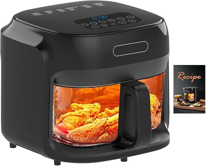 7.4QT Air Fryer with Glass Bowl, Visible Window Lid, Digital Control, 360° Rapid Air Circulation, for Healthy Oil-Free Cooking & Baking, Dishwasher Safe, Nonstick, Easy Clean (Black)