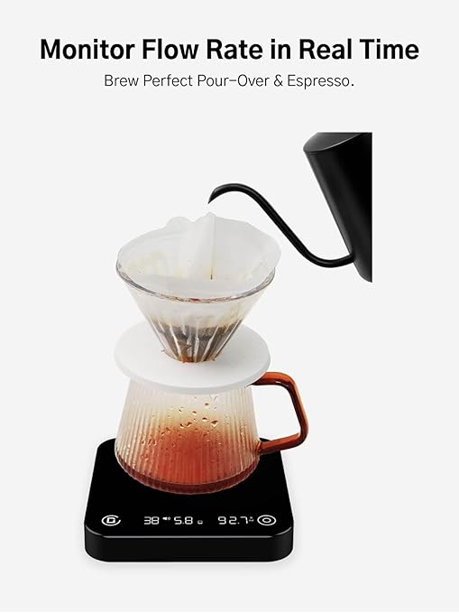 Coffee Scale with Timer and Flow Rate Tracking, 0.1g Precision, 3kg Capacity, Rechargeable, Smart App Compatible, Ideal for Espresso and Pour Over Brewing