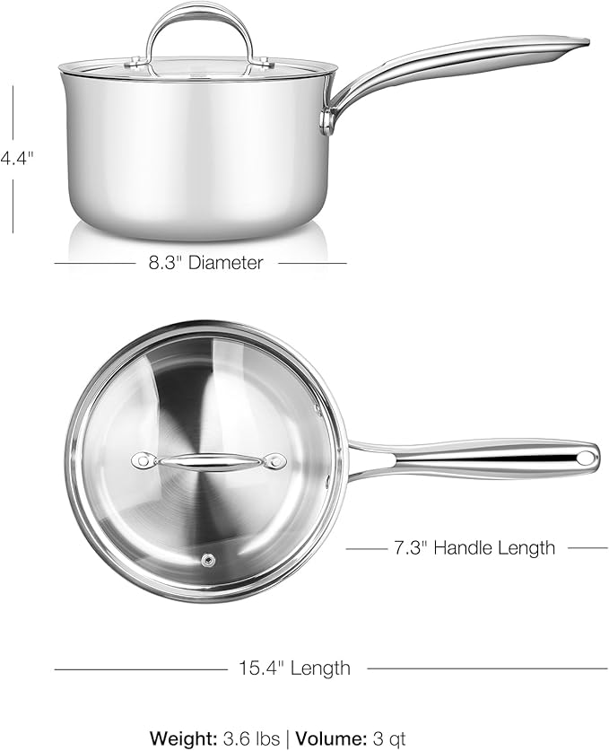 KEAWELL K3 Premium 3-Quart Tri-Ply Stainless Steel Saucepan with Lid, Induction & Oven Safe up to 600°F, Even Heating, Professional Cookware for All Stovetops (3-Qt)