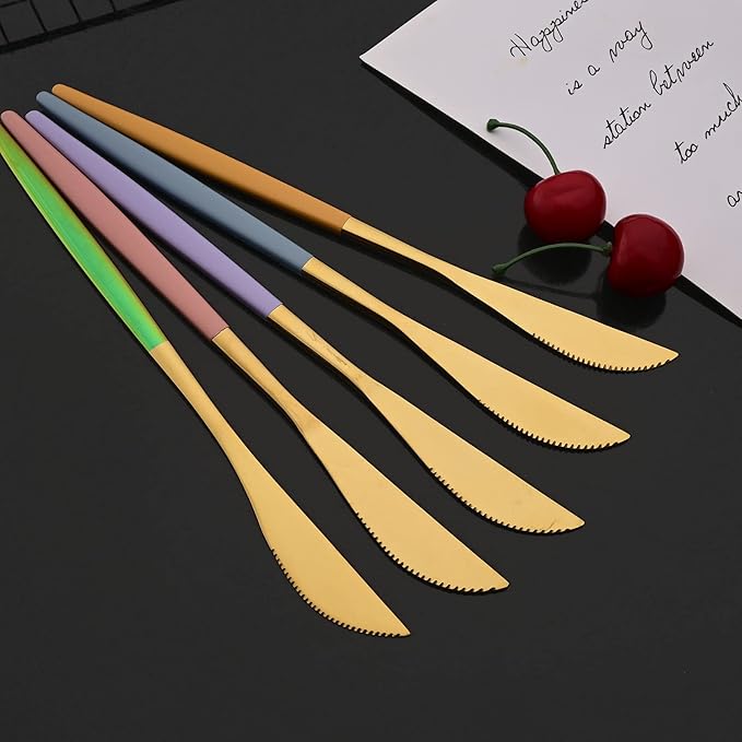 JASHII Flatware Set 24 Piece, Stainless Steel Silverware Set, Macaron Small Fresh Color Cutlery Set, Modern Elegant Tableware Set for Party, Christmas, Dinner (Rainbow Gold)