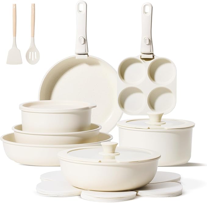 JEETEE Pots and Pans Set Non Stick 19pcs, Kitchen Cookware Sets with Detachable Handle, Induction Nonstick Cookware Set with Removable Handle, Stackable RV Cookware, Oven Safe, PFAS/PFOA Free, Beige