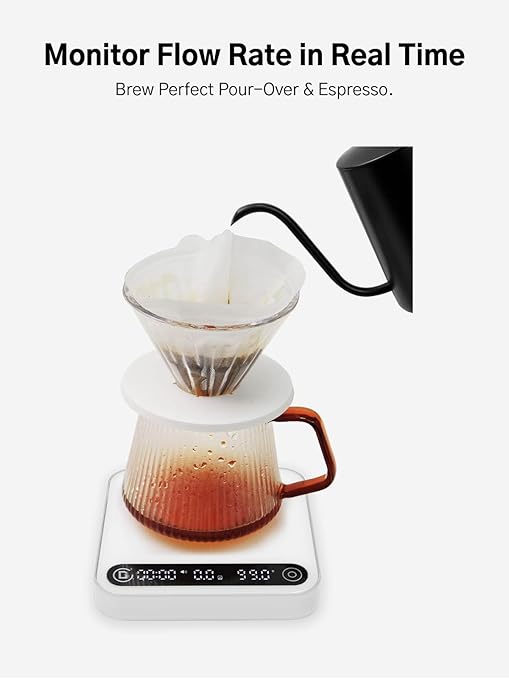 Coffee Scale with Timer and Flow Rate Tracking, 0.1g Precision, 2kg Capacity, Rechargeable, Smart App Compatible, Ideal for Espresso and Pour Over Brewing