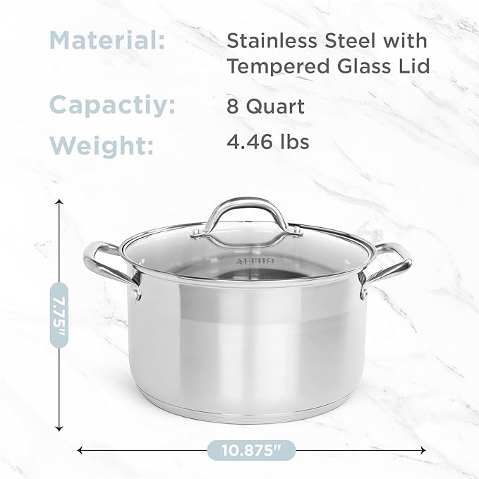 Alpha Living SP-08G Stainless Steel Pot with Capsule Bottom – Induction Compatible 8Qt Pot with Lid – Tri-Ply Ultra-Thick Bottom – Ideal for Spaghetti, Cooking, Canning, Boiling
