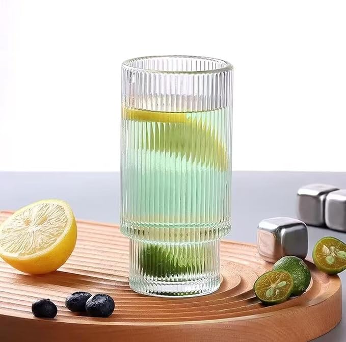 16OZ Ribbed Glass Cups with Lids and Straws,Iced Coffee Cups with Bamboo Lid,Vintage Glassware for Whiskey Cocktail Beer Fruit Juice Glasses Tumbler(2 Pack)