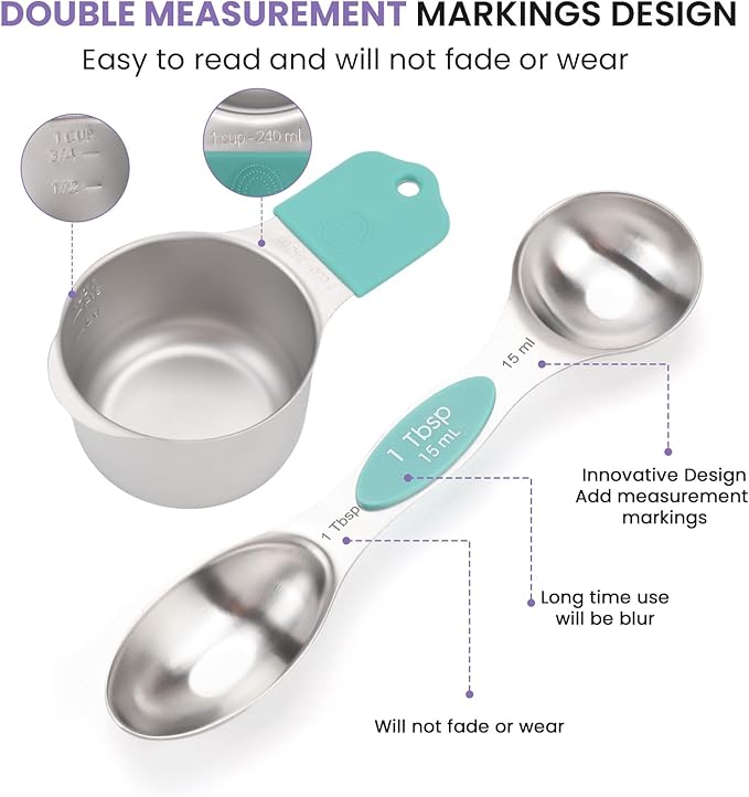 Magnetic Measuring Cups and Spoons Set-Heavy Duty 304 Stainless Steel，Double Measurement Markings，Set of 16 with Leveler for Measure Dry and Liquid Ingredients