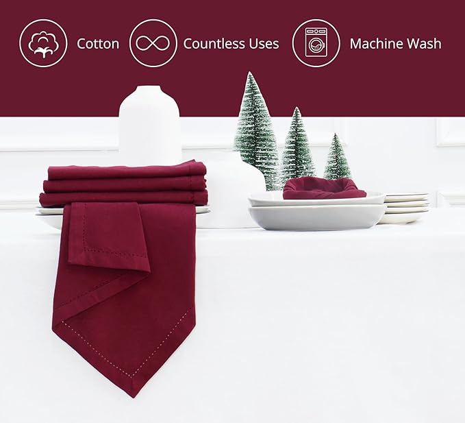 PurpleEssences Set of 12 Hemstitch Cloth Dinner Napkins 100% Cotton - Soft Durable Washable - Ideal for Wedding Christmas Holiday Winter - Perfect Everyday Use Table Linen 18x18 - Burgundy