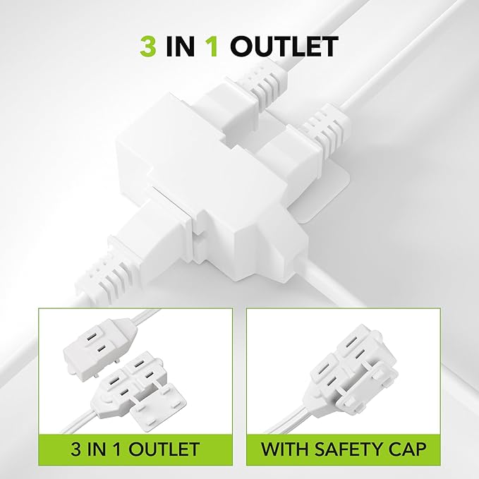 HBN 3-Pack 3 ft 3-Outlet Indoor Extension Cord 16/2 SPT-2, 2 Prong Polarized, Power Cord with Safety Plug Cap, for Homes, Kitchens & Offices, White
