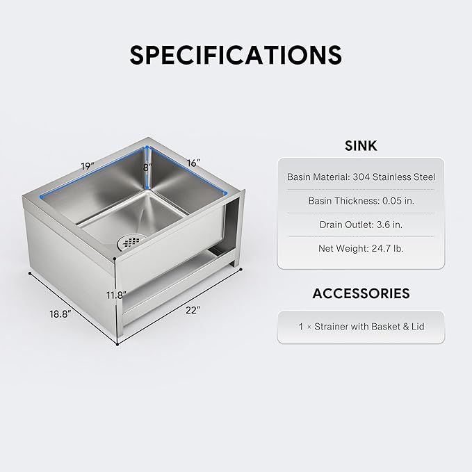 WILPREP Commercial Mop Sink, 19x16x8 Inch 304 Stainless Steel Utility Sink with Strainer & X-Shaped Floor Guides for Kitchen Laundry Garage Pet Salon