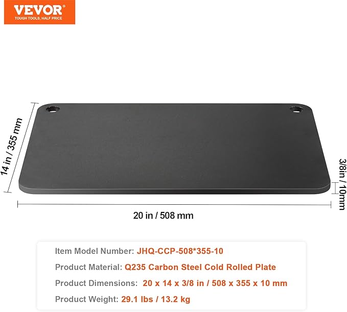 VEVOR Pizza Steel, 20" x 14" x 3/8" Pizza Steel Plate for Oven, Pre-Seasoned Carbon Steel Pizza Baking Stone with 20X Higher Conductivity, Heavy Duty Rustproof Pizza Pan for Outdoor Grill, Indoor Oven