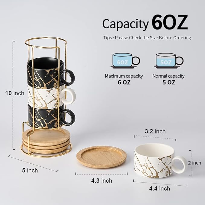 LUKA Porcelain Espresso Cup with Metal Stand, 6 Ounce Stackable Ceramic Demitasse Espresso Mugs Cappuccino Cups Set for Latte,Coffee,Cafe Mocha,Tea(Set of 4)