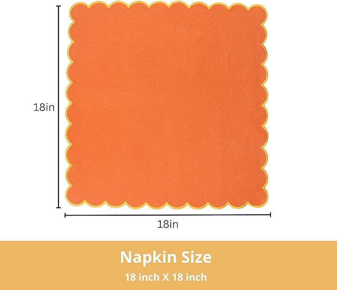 PurpleEssences Scalloped Embroidery Cloth Napkins Christmas Holiday Winter Table Decor 100% Cotton Set of 4-18 x 18 inch - Orange - Edges - Golden Yellow
