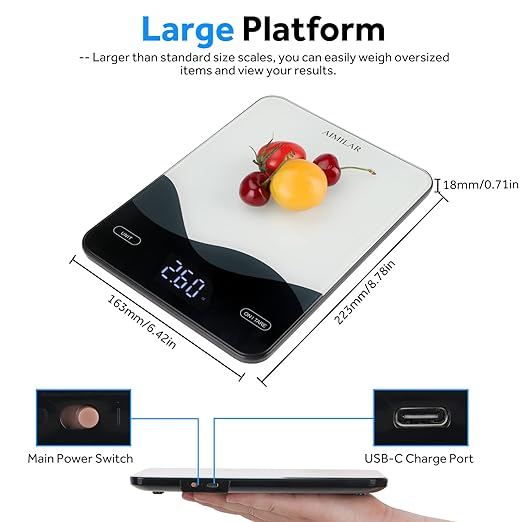 AIMILAR Food Scale, Chargeable LED Display 22lb with USB C Rechargeable Digital Kitchen Food Weight Scale for Baking and Cooking with Ounces and Grams 1g/0.1oz