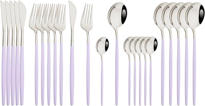 JASHII Flatware Set 24 Piece, Stainless Steel Silverware Set, Macaron Small Fresh Color Cutlery Set, Modern Elegant Tableware Set for Party, Christmas, Dinner (Purple Silver)