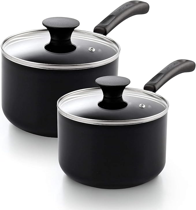 Cook N Home Nonstick Sauce Pan Set 1Qt and 2Qt, Multi-purpose Pots Set Saucepan Kitchenware with Glass Lid, Black, Aluminum