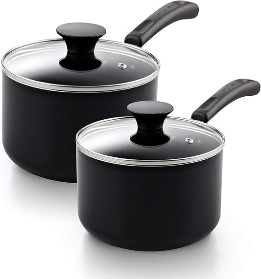 Cook N Home Nonstick Sauce Pan Set 1Qt and 2Qt, Multi-purpose Pots Set Saucepan Kitchenware with Glass Lid, Black, Aluminum