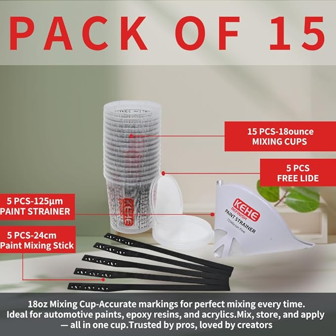 15 PACK Paint Mixing Cups by KEHE REFINISH,18 oz (550ml),Disposable or Reusable Plastic Measuring Cups with Lids for Liquids, Paints, Resin, Epoxy, Art,Ratios 1:1,2:1, 3:1, 4:1,5:1,6:1,7:1,8:1