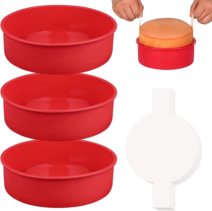 HUAKENER 6 Inch Round Cake Pan, 3 Pack Silicone Cake Molds with 100 Pieces Parchment Paper, Nonstick Cake Molds for Smash Cakes, Layer Cakes, Cheese Caks, Chocolate Cakes