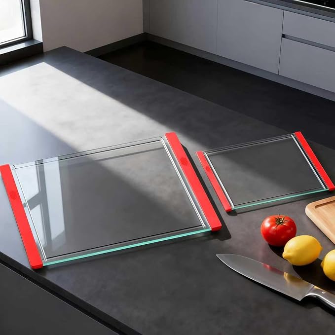 Tempered Glass Cutting Board Set for Kitchen Counter - Dishwasher Safe with Juice Grooves, Non-Slip Silicone Edges & Beveled Grip - 16"x12" & 12"x8" Serving Tray (Red-2PCS)
