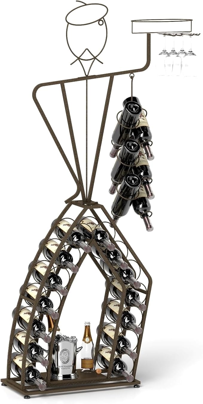 Wine Rack, Wine Bottle and Wine Glass Holder, Wrought Iron Wall-Mounted Wine Racks, Household Wine Accessories, Gifts for Lover, Gold/Black Home Decoration. (Black Gold, 20 Bottles)