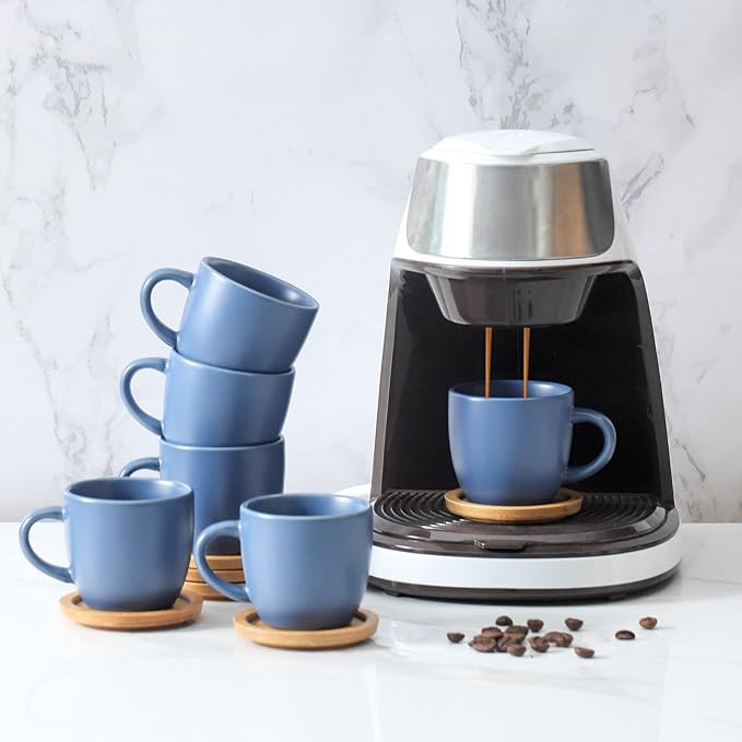 Hasense Espresso Cups and Saucers Set of 6, Demitasse Cups with Handle for Coffee Drinks, Latte, Cappuccino, Cafe Mocha and Tea, 4 Ounce Porcelain Coffee Cups for Coffee Bar Home and Party, Blue