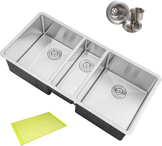 42 in. x 20 in. x 10 in. 16-Gauge Stainless Steel Undermount Triple Bowl Kitchen Sink with Silicon Dishrack and Strainer