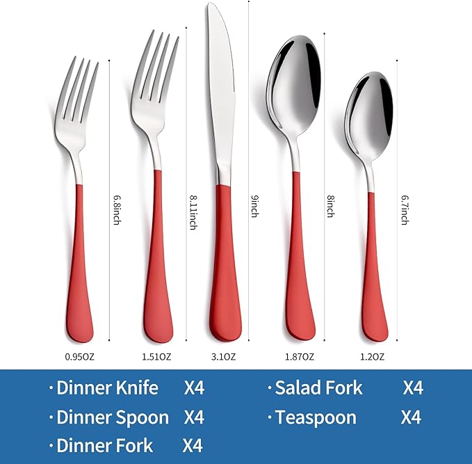 20-Piece Red Silverware Set, 18/0 Stainless Steel Red Handle Flatware Set, Service for 4, Modern Cutlery Set Includes Dinner Knives Forks Spoons, Mirror Polished, Dishwasher Safe