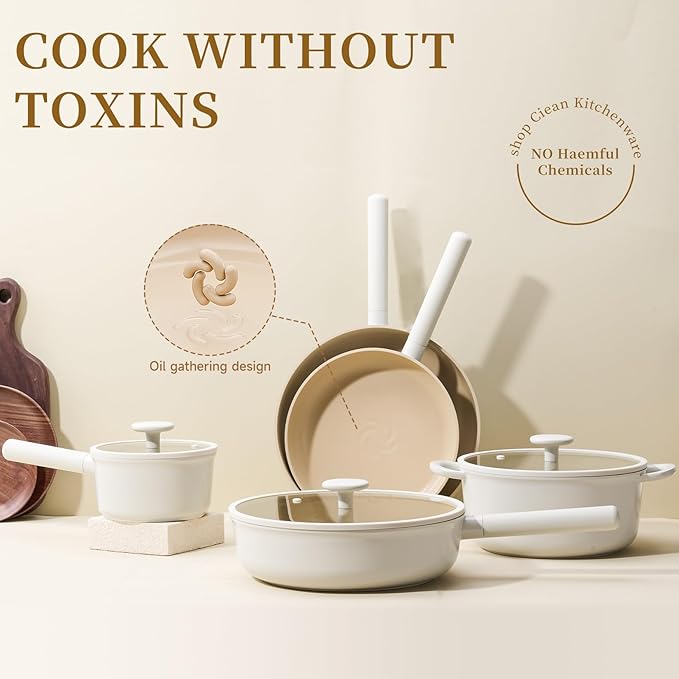 JEETEE Ceramic Cookware Set, 15 PCS Pots and Pans Set Non Stick with Removable Handles, Non Toxic Induction Kitchen Cookware Sets, Oven Safe PFAS/PTFE/PFOA Free Cream