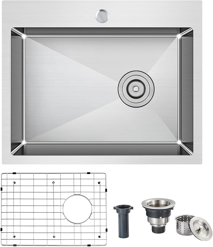 Kitchen Sink, 22 x 18 Inch Drop in Sink, 304 Stainless Steel Kitchen Sink, Centre-Offset Drain, 9" Deep Single Bowl, Topmount Installation, Brushed(Inclued Drain Strainer & Bottom Grid)
