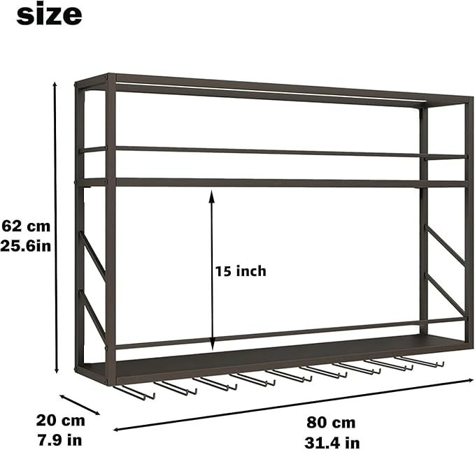 Wall Mounted Wine Rack 2 Tier, Metal Bar Liquor Shelves and Glass Holder,Wall Bar Shelf Wine Display Storage Holder for Home Bar, Dining Room, Kitchen(31.4×7.8×26in)