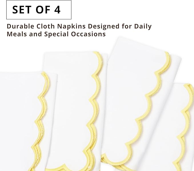 PurpleEssences Scalloped Embroidery Cloth Napkins Christmas Holiday Winter Table Decor 100% Cotton Set of 4-18 x 18 inch - White - Edges - Yellow
