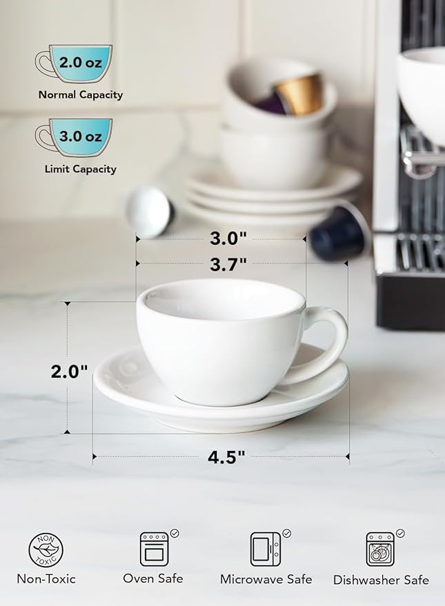 LE TAUCI 3 oz Espresso Cups with Saucers, Demitasse Coffee Cup for Shot, Lungo, Ristretto - 3 inch, Set of 4, White