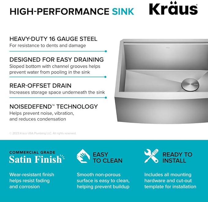 KRAUS Kore 24-Inch Farmhouse Workstation 16 Gauge Single Bowl Stainless Steel Kitchen Sink with Accessories, KWF210-24