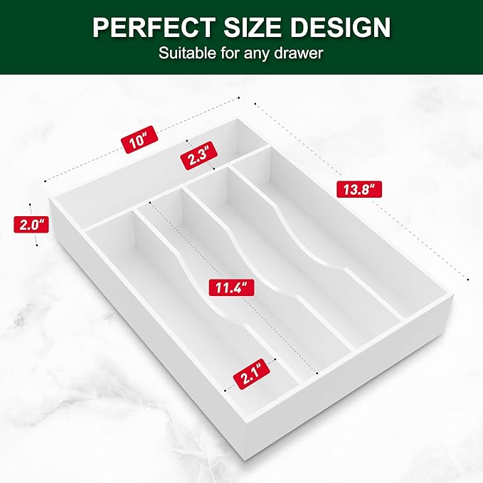 Bellsal White Utensil Organizer 10 Inch Silverware Tray for Drawer - 5 Compartment Small Narrow Bamboo