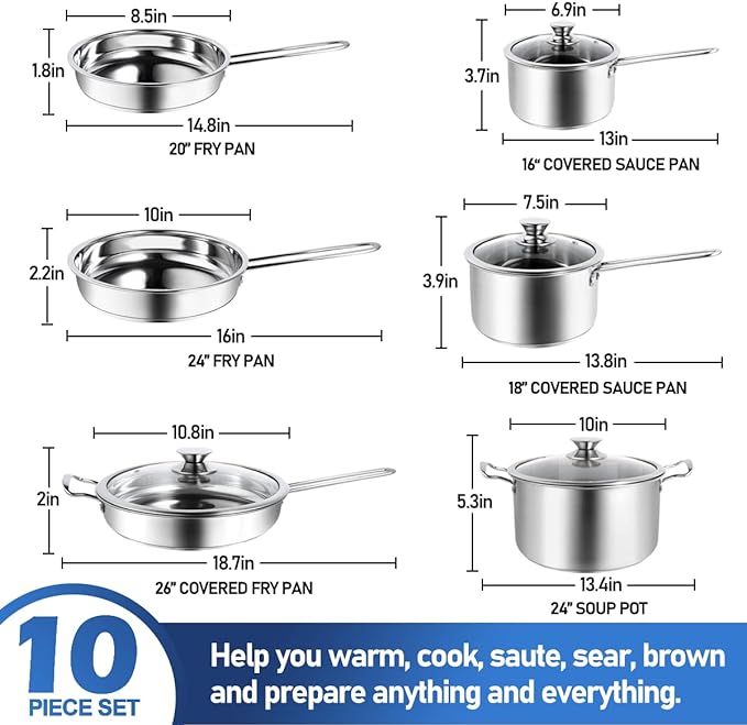 Aufranc 10-Piece Pots and Pans Set, Stainless Steel Cookware Set- Includes Ergonomic Handle Saucepans, Skillets, Dutch Oven, Stockpot, Steamer & More - Premium Pots and Pans for Home Chefs