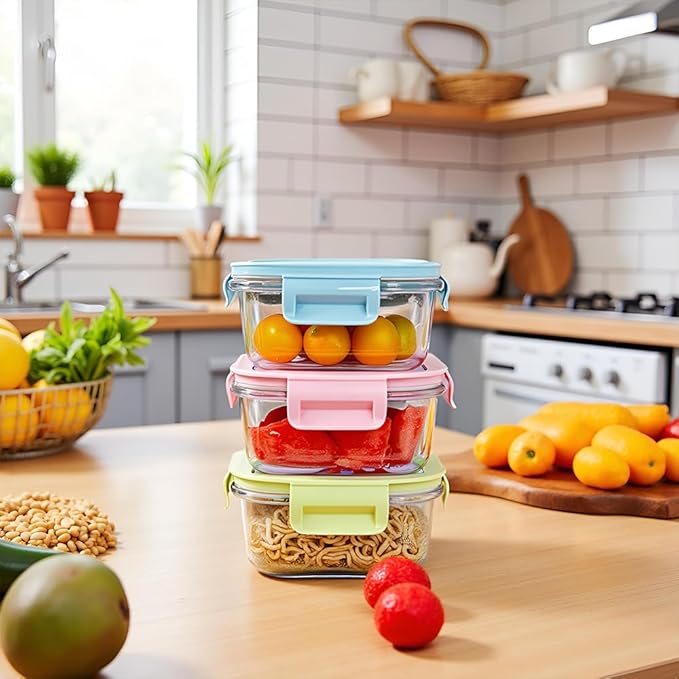2 Cup Square Glass Food Container with Airtight Lids, Small Glass Square Meal Prep Containers, BPA free 16oz Food Bowls For Soup Snack fruit, Microwave, Dishwasher, Freezer Safe (4 color)
